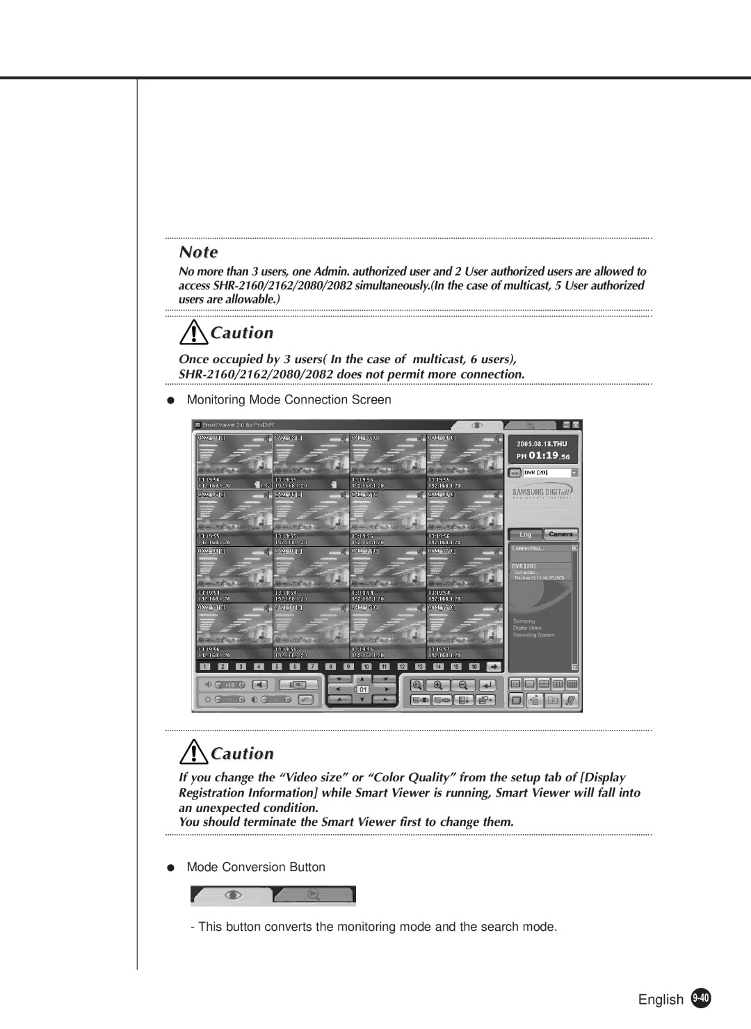 Samsung SHR-2080P/XEC, SHR-2160P, SHR-2162P750, SHR-2082P500, SHR-2162P500 manual Monitoring Mode Connection Screen 