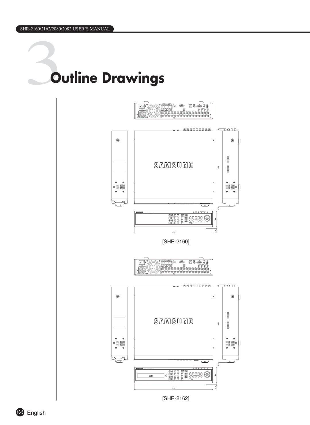 Samsung SHR-2162P/TRK, SHR-2160P, SHR-2080P, SHR-2162P750, SHR-2082P500, SHR-2162P500 manual 3Outline Drawings, 10-5English 