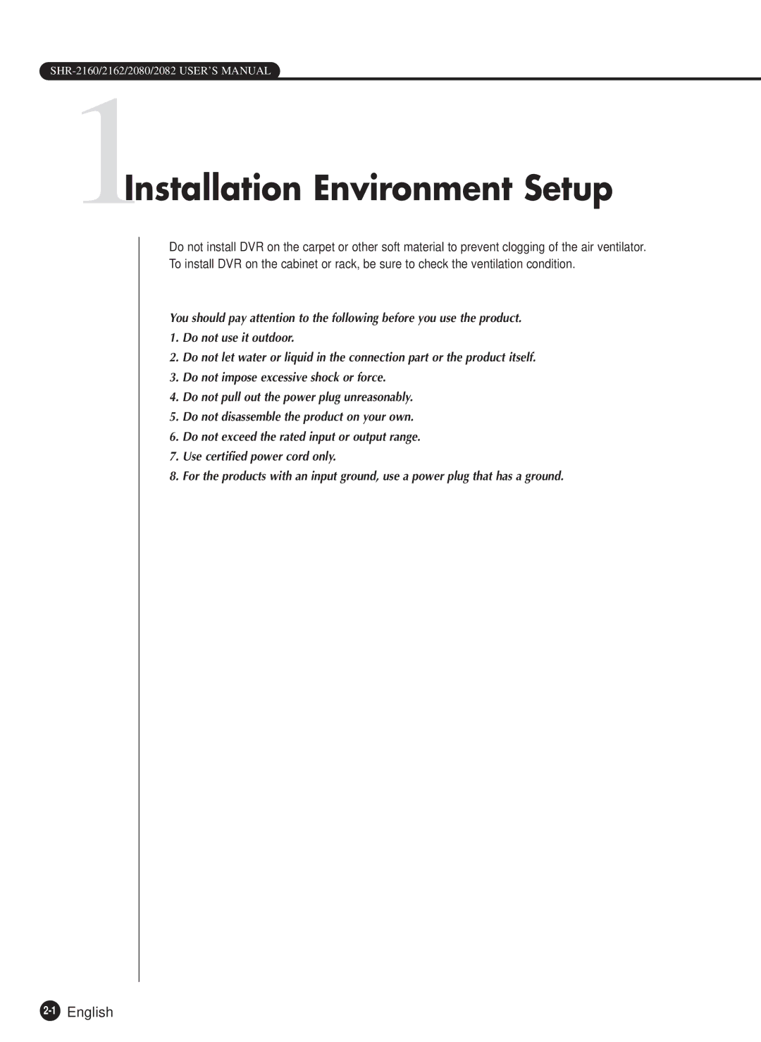 Samsung SHR-2080P/XEC, SHR-2160P, SHR-2162P750, SHR-2082P500, SHR-2162P500 1Installation Environment Setup, 1English 