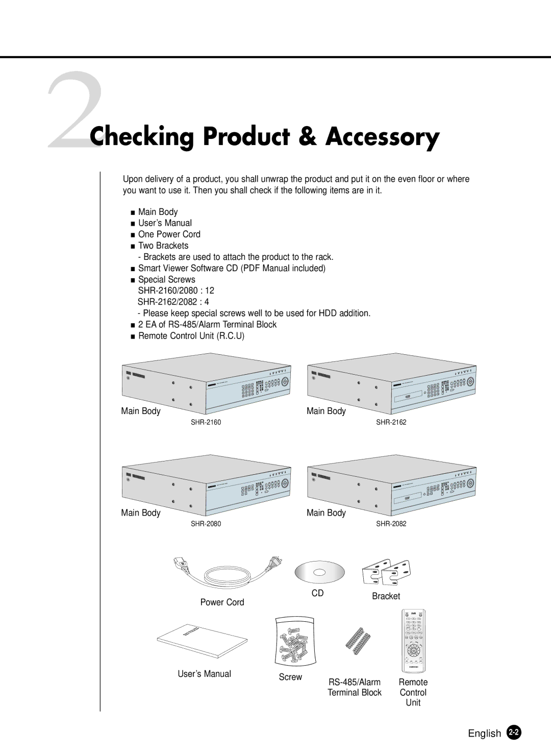 Samsung SHR-2160P/XEC, SHR-2162P750, SHR-2082P500, SHR-2162P500, SHR-2080P/XEC manual 2Checking Product & Accessory 