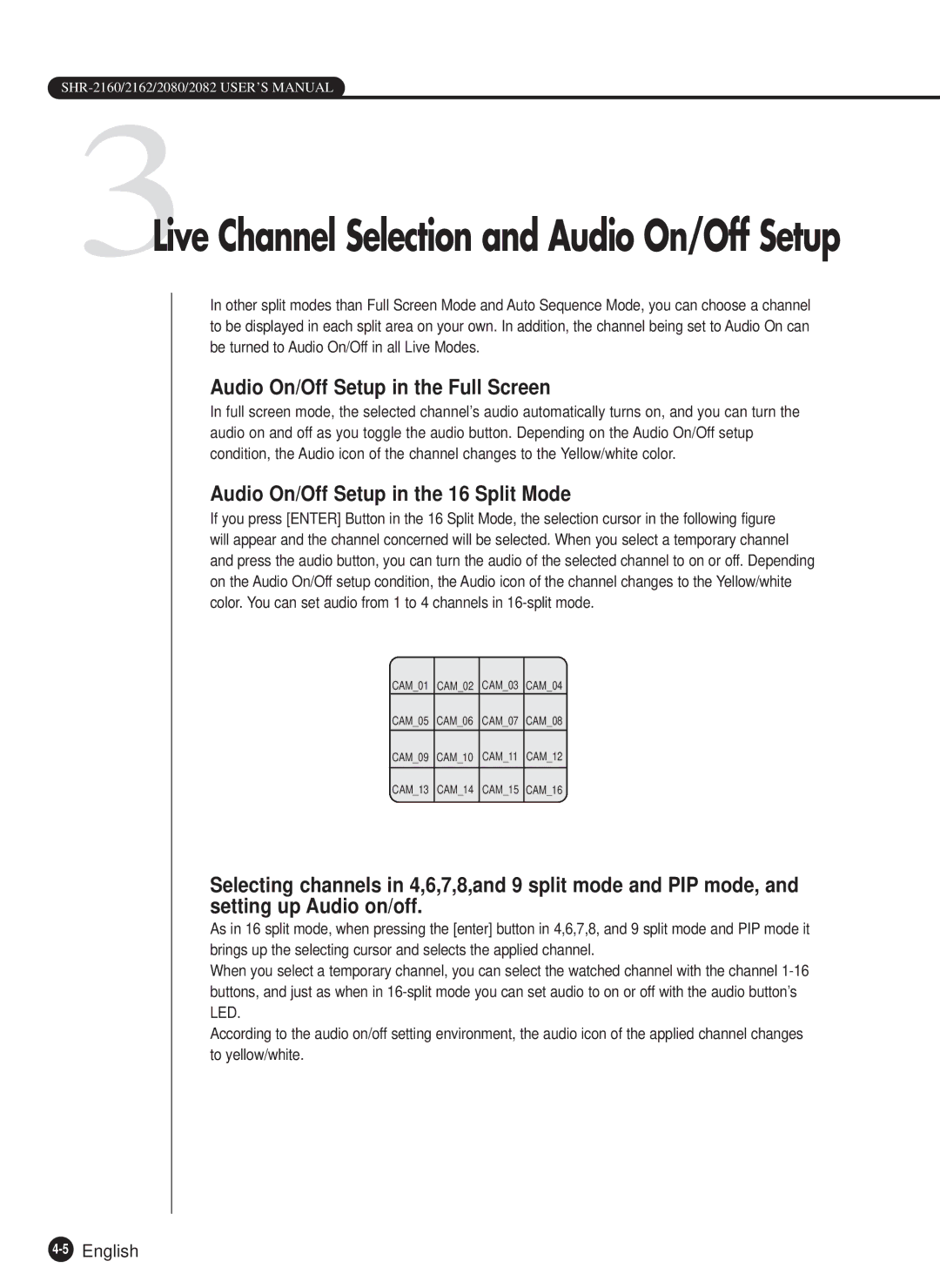 Samsung SHR-2082P500, SHR-2162P, SHR-2160P Audio On/Off Setup in the Full Screen, Audio On/Off Setup in the 16 Split Mode 