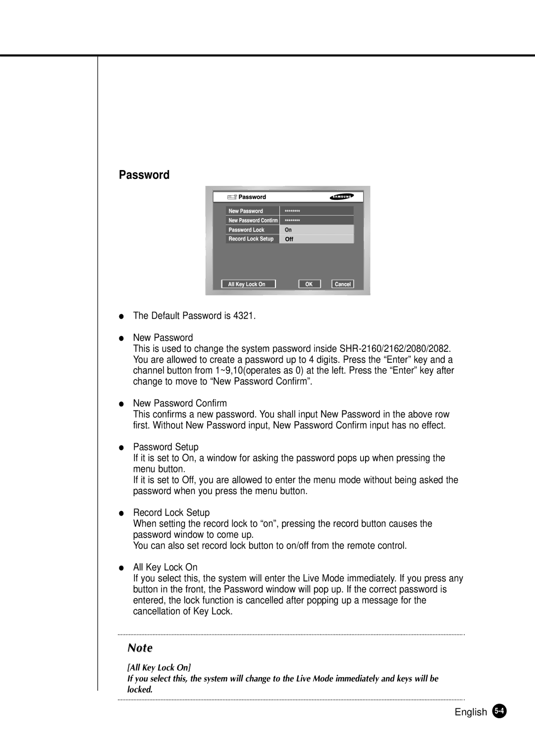 Samsung SHR-2080P, SHR-2160P, SHR-2082P, SHR-2162P750 manual Default Password is New Password, New Password Confirm 