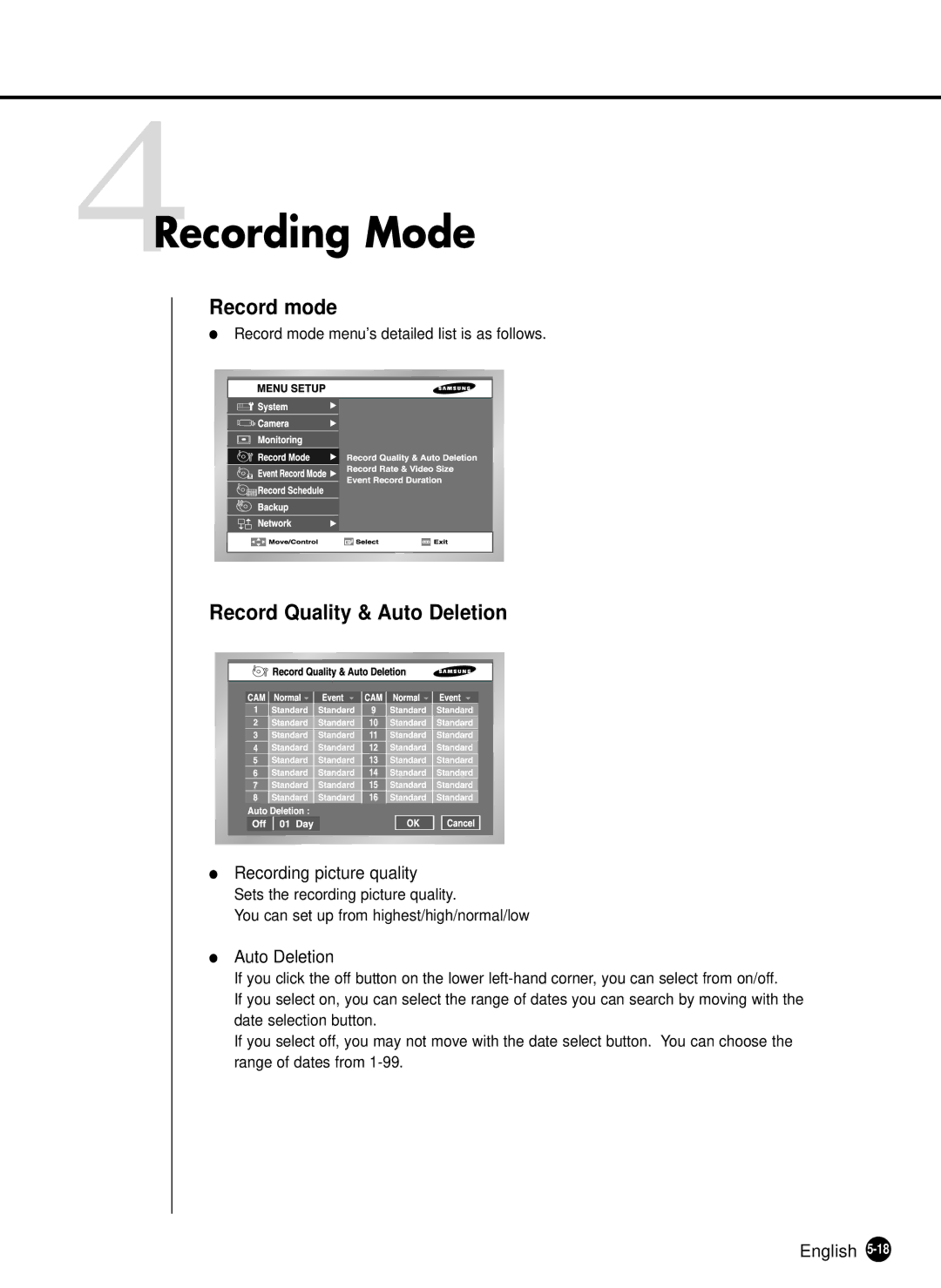 Samsung SHR-2082P500, SHR-2162P 4Recording Mode, Record mode, Record Quality & Auto Deletion, Recording picture quality 