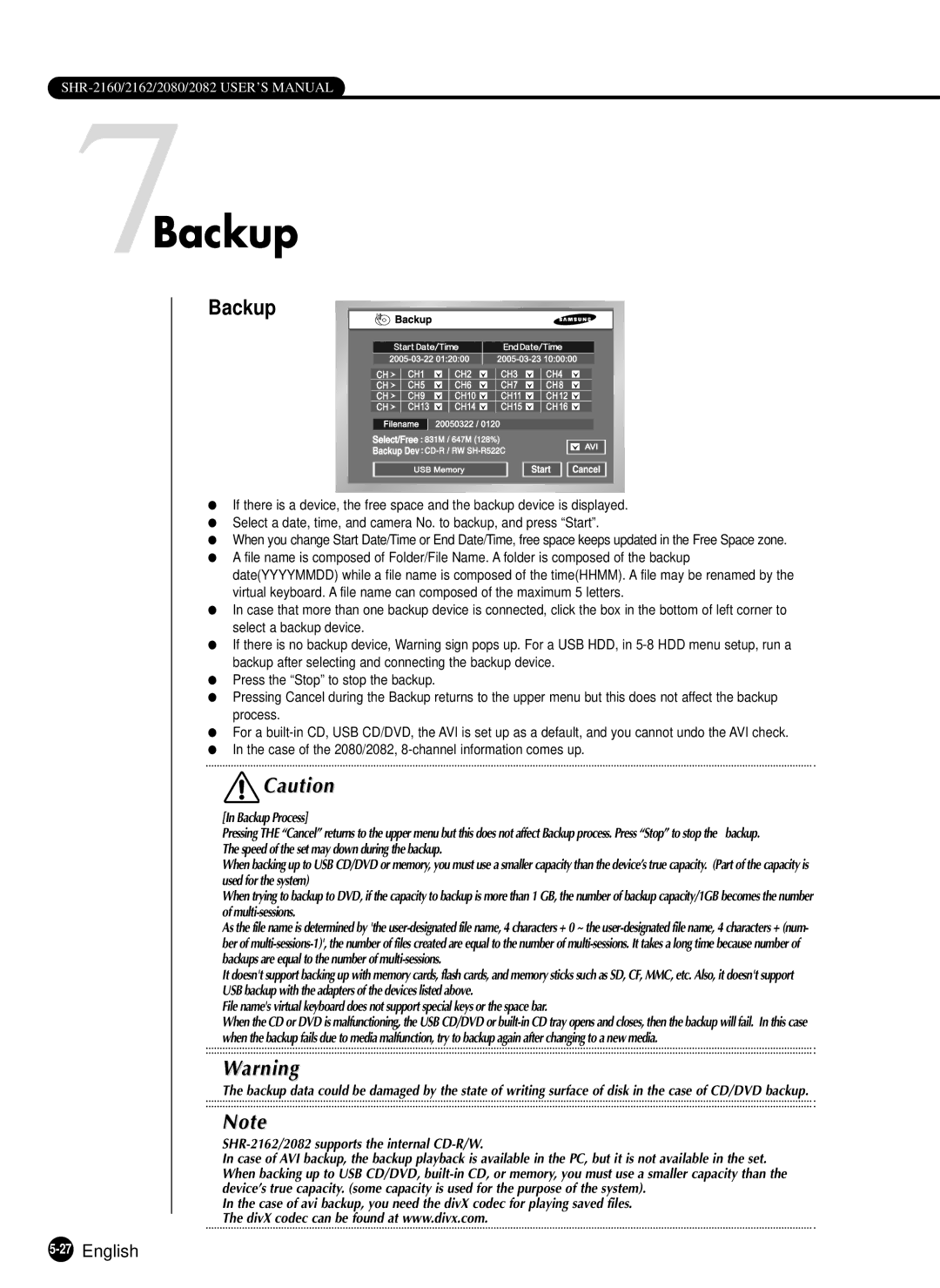 Samsung SHR-2162P750, SHR-2082P500, SHR-2162P500, SHR-2080P/XEC, SHR-2160P/XEC, SHR-2160P/TRK 7Backup, 27English 