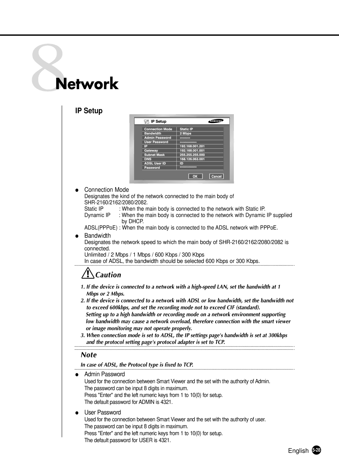 Samsung SHR-2162P750, SHR-2082P500, SHR-2162P500, SHR-2080P/XEC, SHR-2160P/XEC, SHR-2160P/TRK manual 8Network, IP Setup 