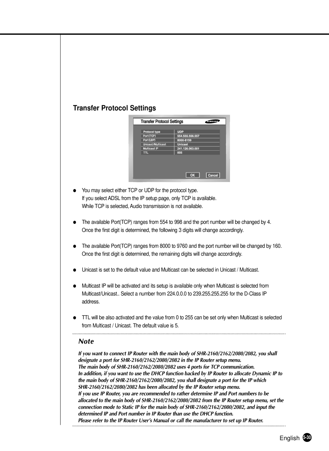 Samsung SHR-2162P500, SHR-2160P manual Transfer Protocol Settings, You may select either TCP or UDP for the protocol type 