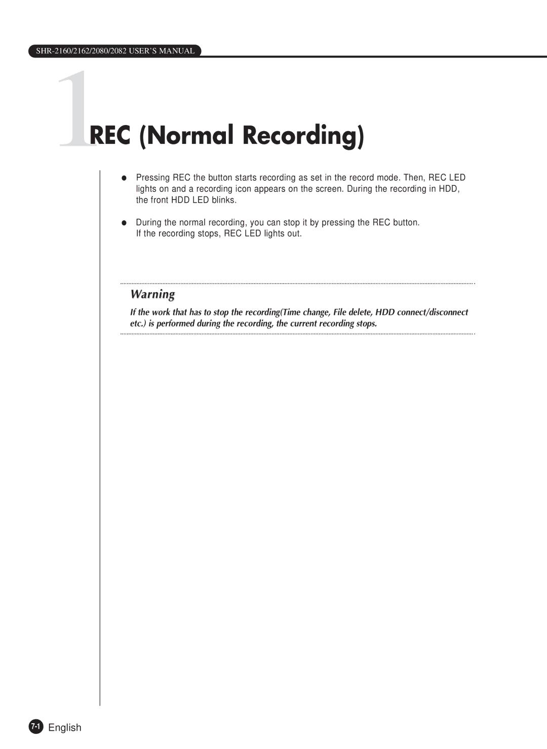 Samsung SHR-2160P/XEC, SHR-2080P, SHR-2162P750, SHR-2082P500, SHR-2162P500 manual 1REC Normal Recording, 1English 