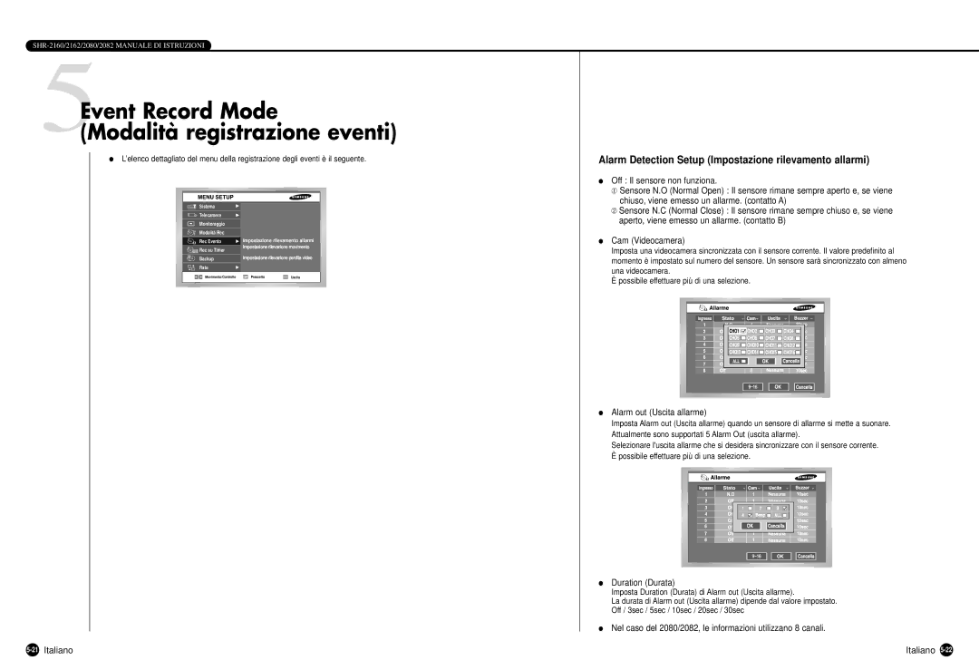 Samsung SHR-2160P/XEC, SHR-2162P 5Event Record Mode Modalità registrazione eventi, 21Italiano, Alarm out Uscita allarme 