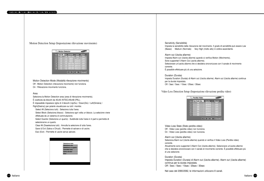 Samsung SHR-2162P Motion Detection Setup Impostazione rilevazione movimento, Area, 23Italiano Sensitivity Sensibilità 