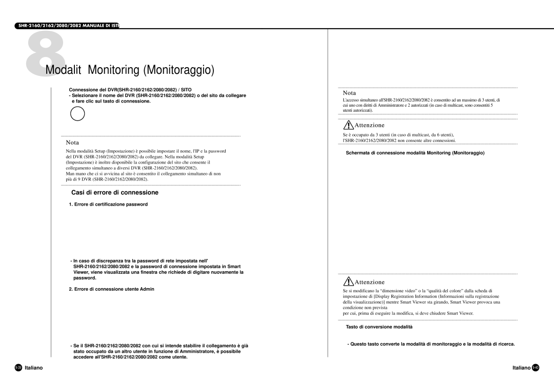 Samsung SHR-2080P 8Modalità Monitoring Monitoraggio, 39Italiano, Schermata di connessione modalità Monitoring Monitoraggio 