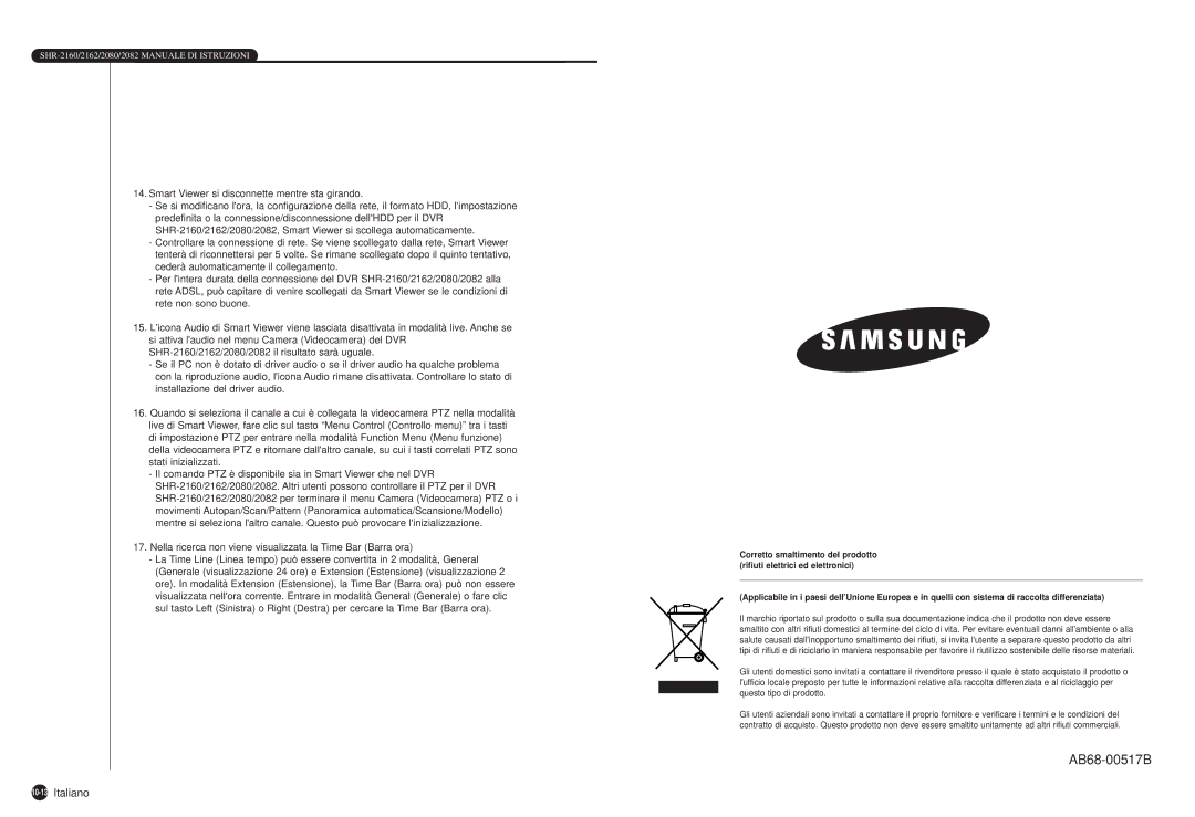 Samsung SHR-2162P750, SHR-2082P500, SHR-2162P500, SHR-2080P/XEC, SHR-2160P/XEC manual 10-13Italiano 