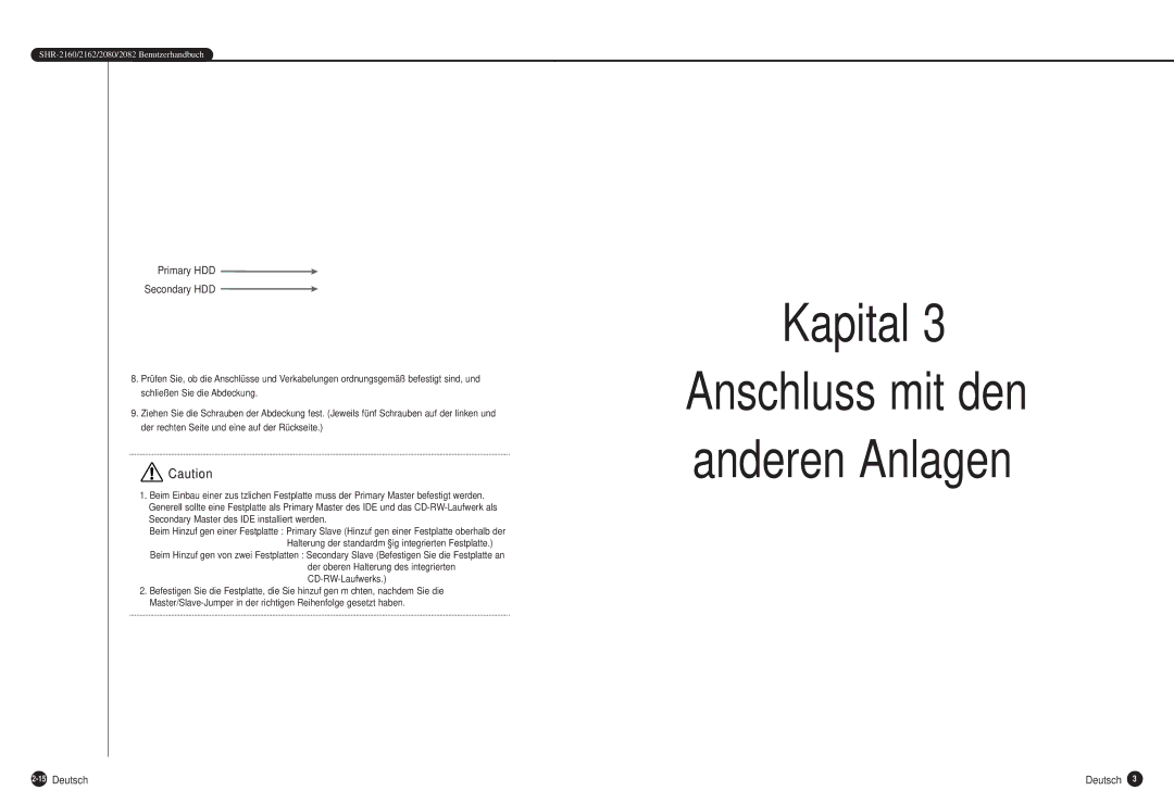 Samsung SHR-2160P, SHR-2162P, SHR-2080P, SHR-2082P manual Primary HDD Secondary HDD, 15Deutsch 