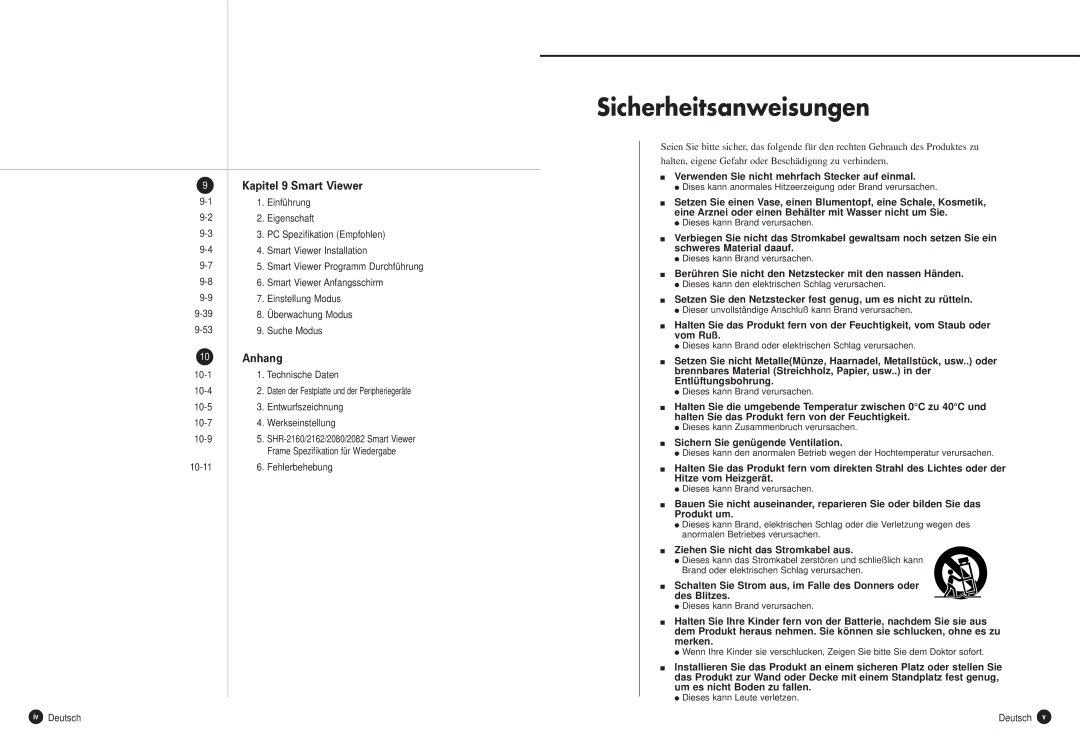 Samsung SHR-2082P, SHR-2162P, SHR-2160P, SHR-2080P manual Sicherheitsanweisungen, Iv Deutsch 