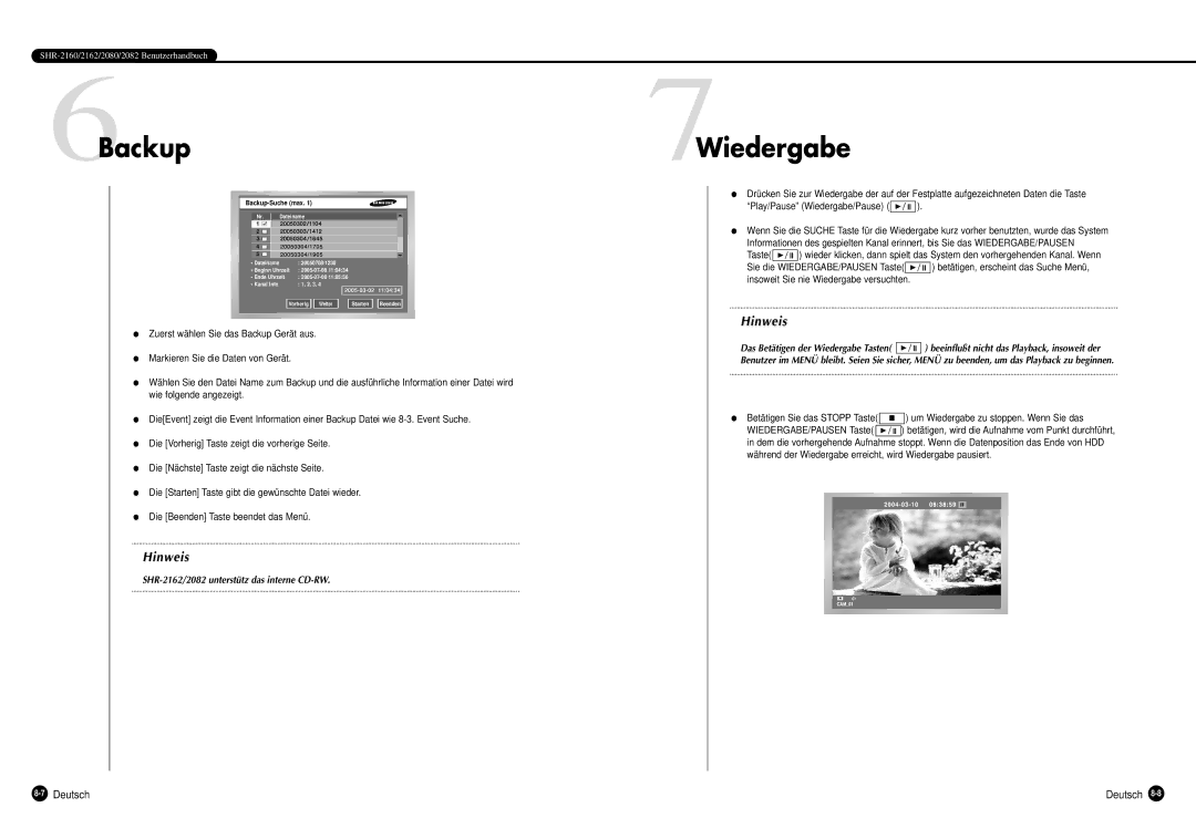 Samsung SHR-2162P, SHR-2160P, SHR-2080P, SHR-2082P manual 6Backup, 7Wiedergabe 