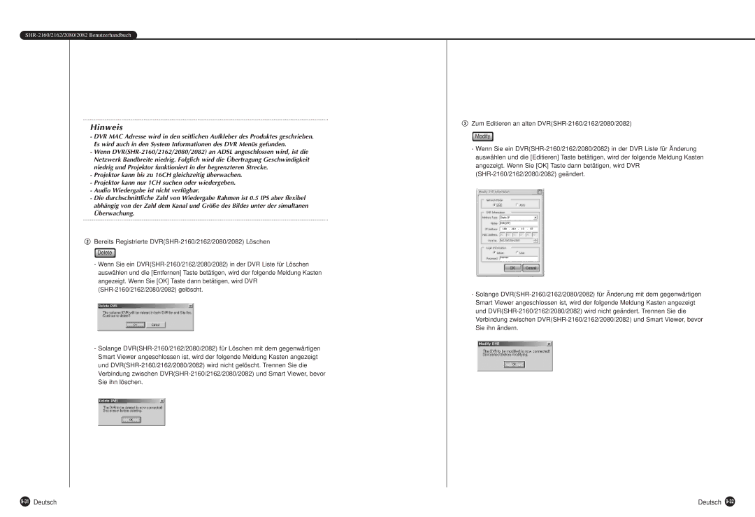 Samsung SHR-2080P, SHR-2162P, SHR-2160P, SHR-2082P manual 31Deutsch, @ Bereits Registrierte DVRSHR-2160/2162/2080/2082 Löschen 