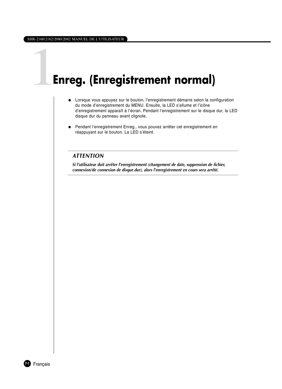 Samsung SHR-2082P250, SHR-2080P250, SHR-2160P250, SHR-2162P250 manual 1Enreg. Enregistrement normal, 1Français 