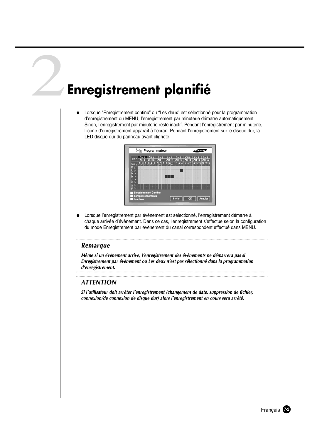 Samsung SHR-2082P250, SHR-2080P250, SHR-2160P250, SHR-2162P250 manual Enregistrement planifié, Français 