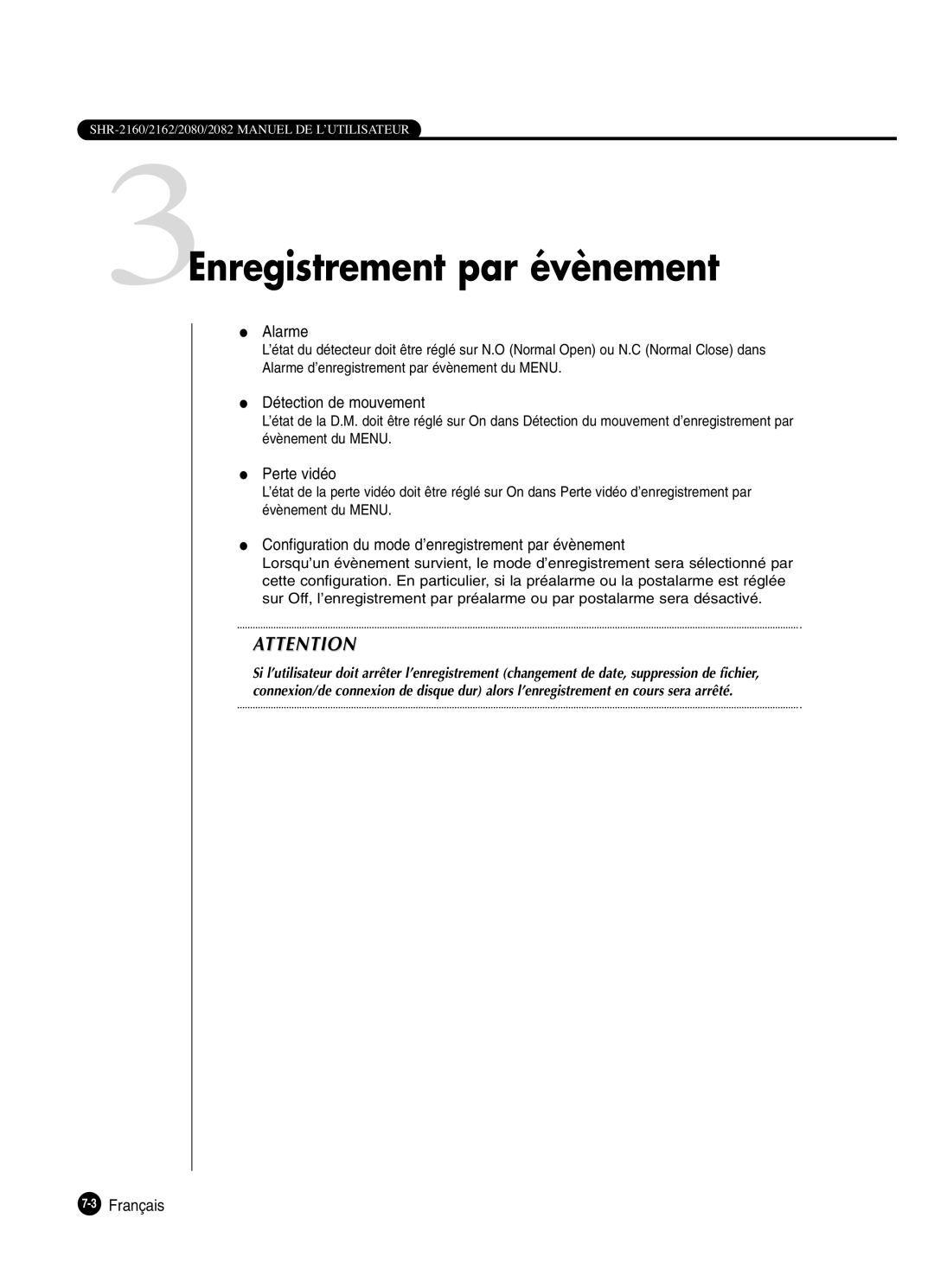 Samsung SHR-2082P250, SHR-2162P, SHR-2160P manual 3Enregistrement par évènement, Alarme, Détection de mouvement, Perte vidéo 