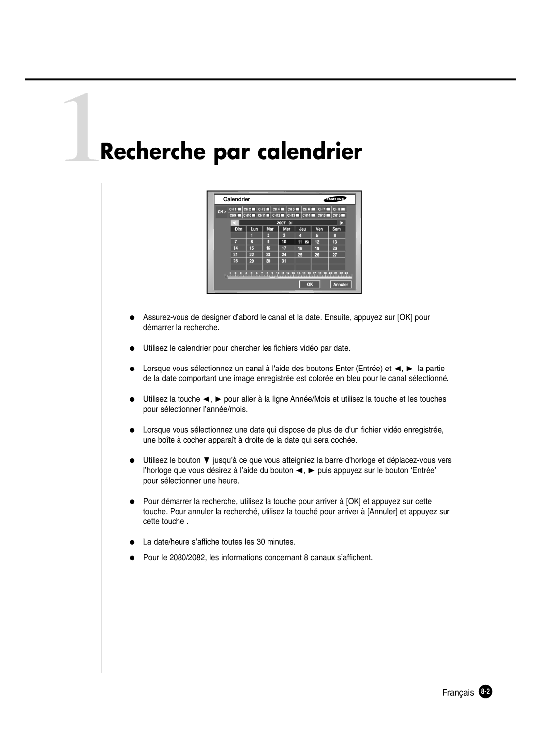 Samsung SHR-2162P250, SHR-2082P250, SHR-2080P250, SHR-2160P250 manual 1Recherche par calendrier, Français 