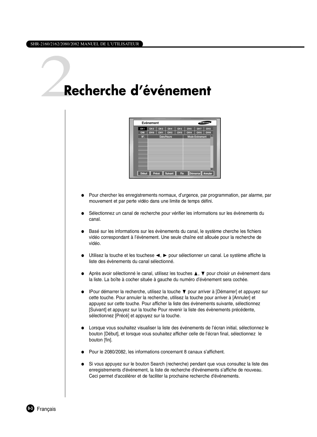 Samsung SHR-2082P250, SHR-2080P250, SHR-2160P250, SHR-2162P250 manual 2Recherche d’événement, 3Français 