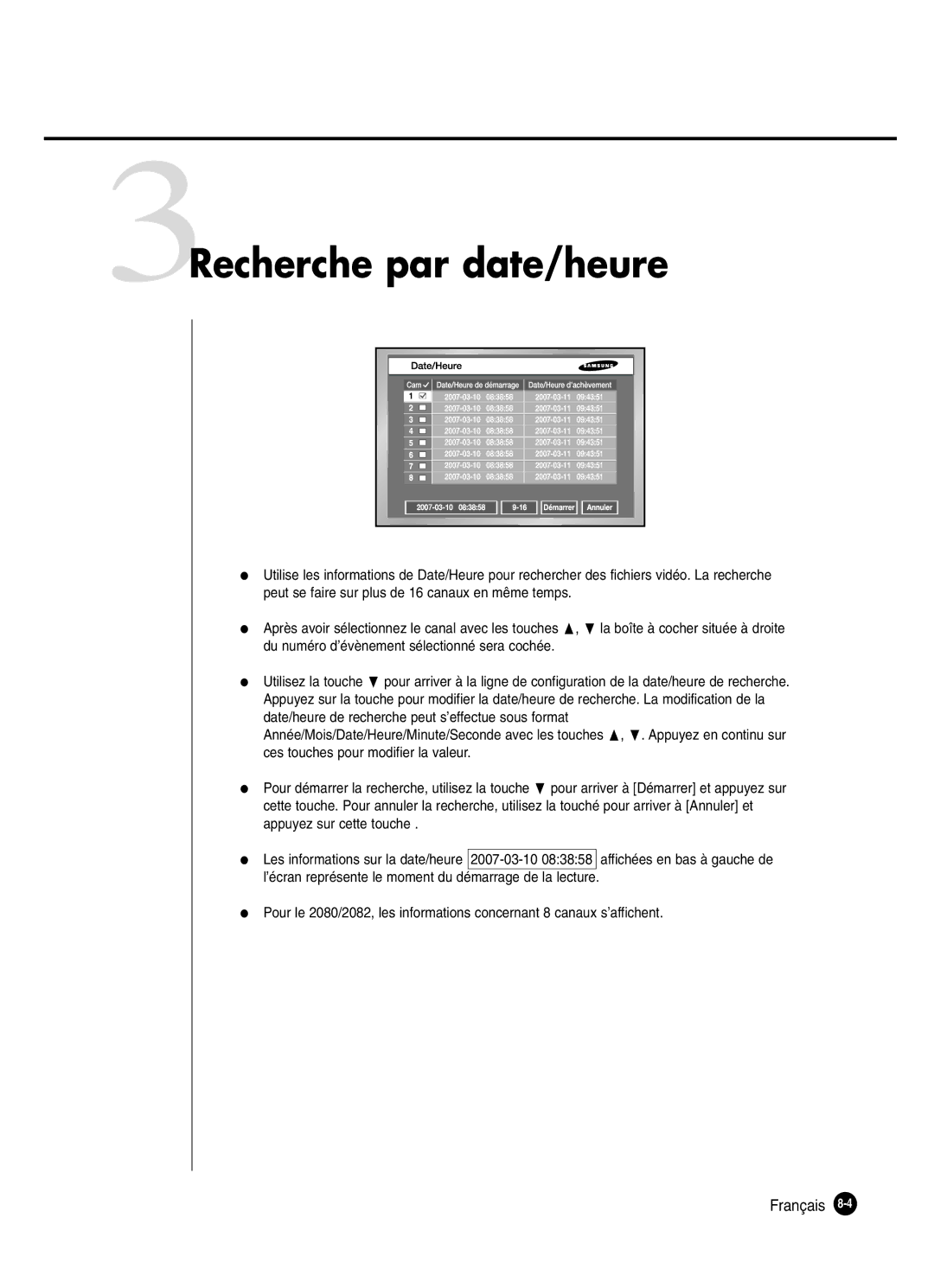 Samsung SHR-2082P250, SHR-2080P250, SHR-2160P250, SHR-2162P250 manual 3Recherche par date/heure 