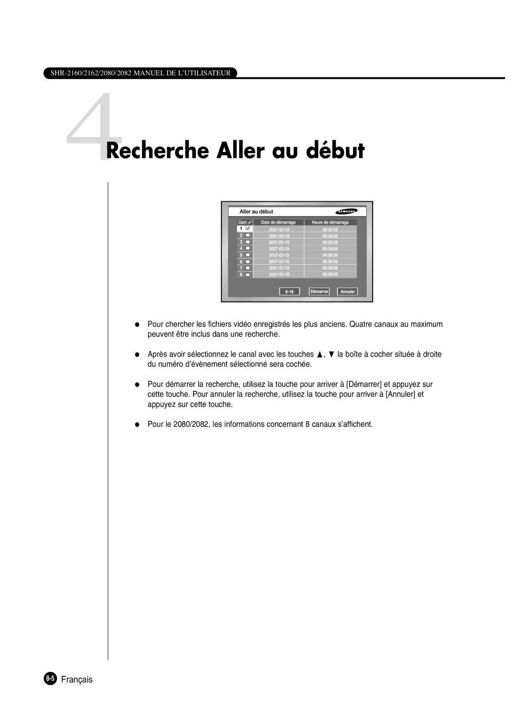 Samsung SHR-2082P250, SHR-2080P250, SHR-2160P250, SHR-2162P250 manual 4Recherche Aller au début, 5Français 