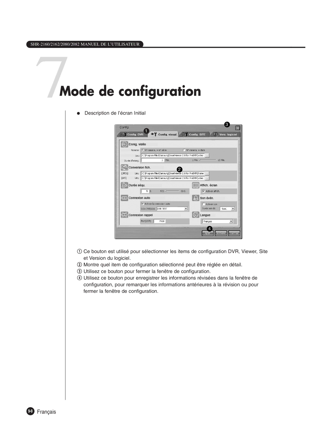 Samsung SHR-2082P250, SHR-2080P250, SHR-2160P250, SHR-2162P250 manual 7Mode de configuration, 9Français 