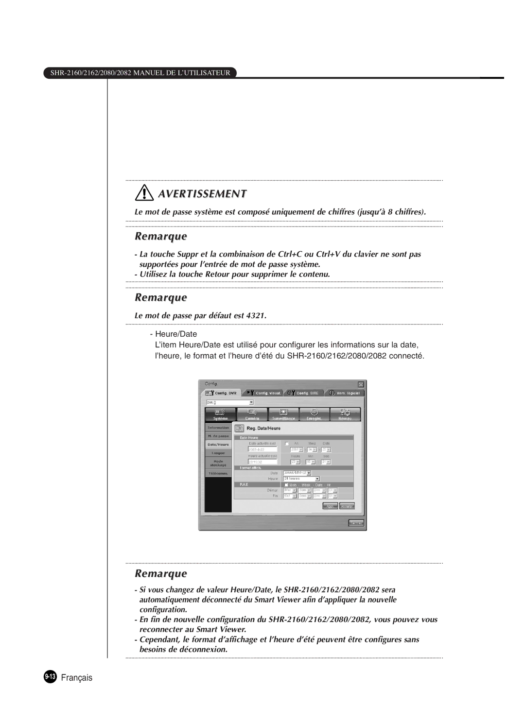 Samsung SHR-2160P250, SHR-2082P250, SHR-2080P250, SHR-2162P250 manual Le mot de passe par défaut est, Heure/Date 