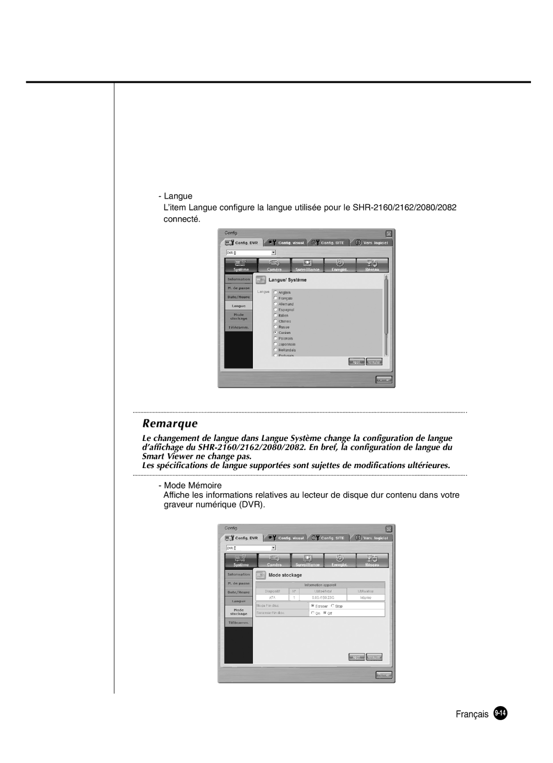 Samsung SHR-2162P250, SHR-2082P250, SHR-2080P250, SHR-2160P250 manual Remarque 