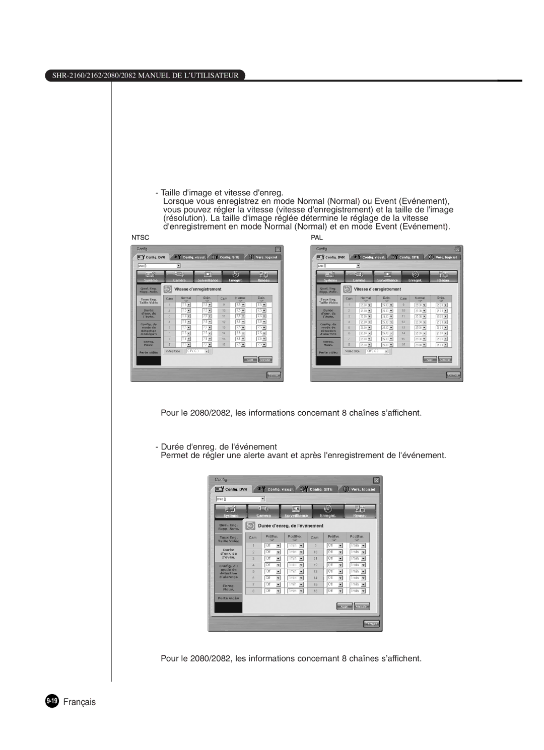 Samsung SHR-2160P250, SHR-2082P250, SHR-2080P250, SHR-2162P250 manual 19Français, Taille dimage et vitesse denreg 