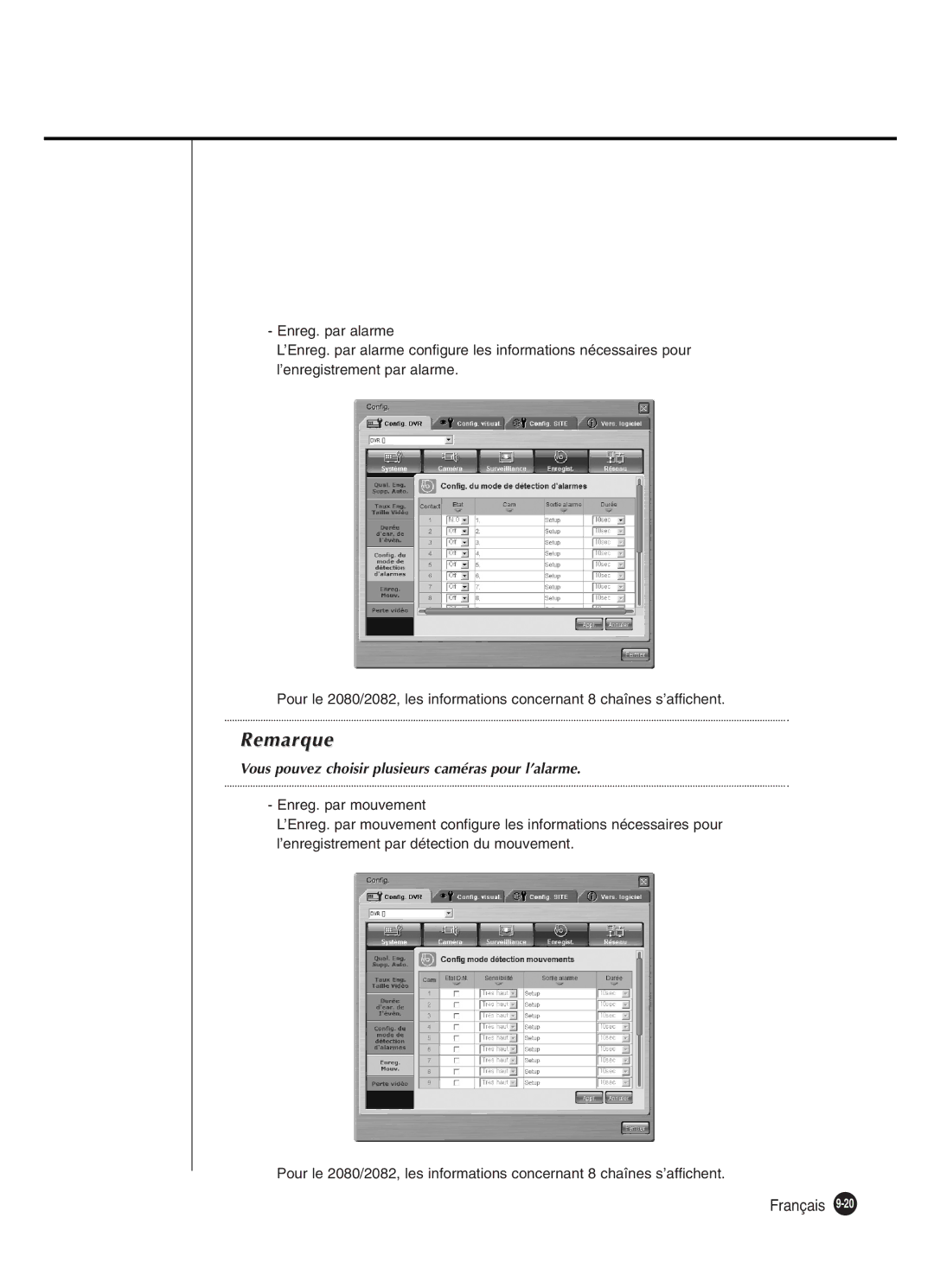 Samsung SHR-2162P250, SHR-2082P250, SHR-2080P250, SHR-2160P250 manual Vous pouvez choisir plusieurs caméras pour l’alarme 