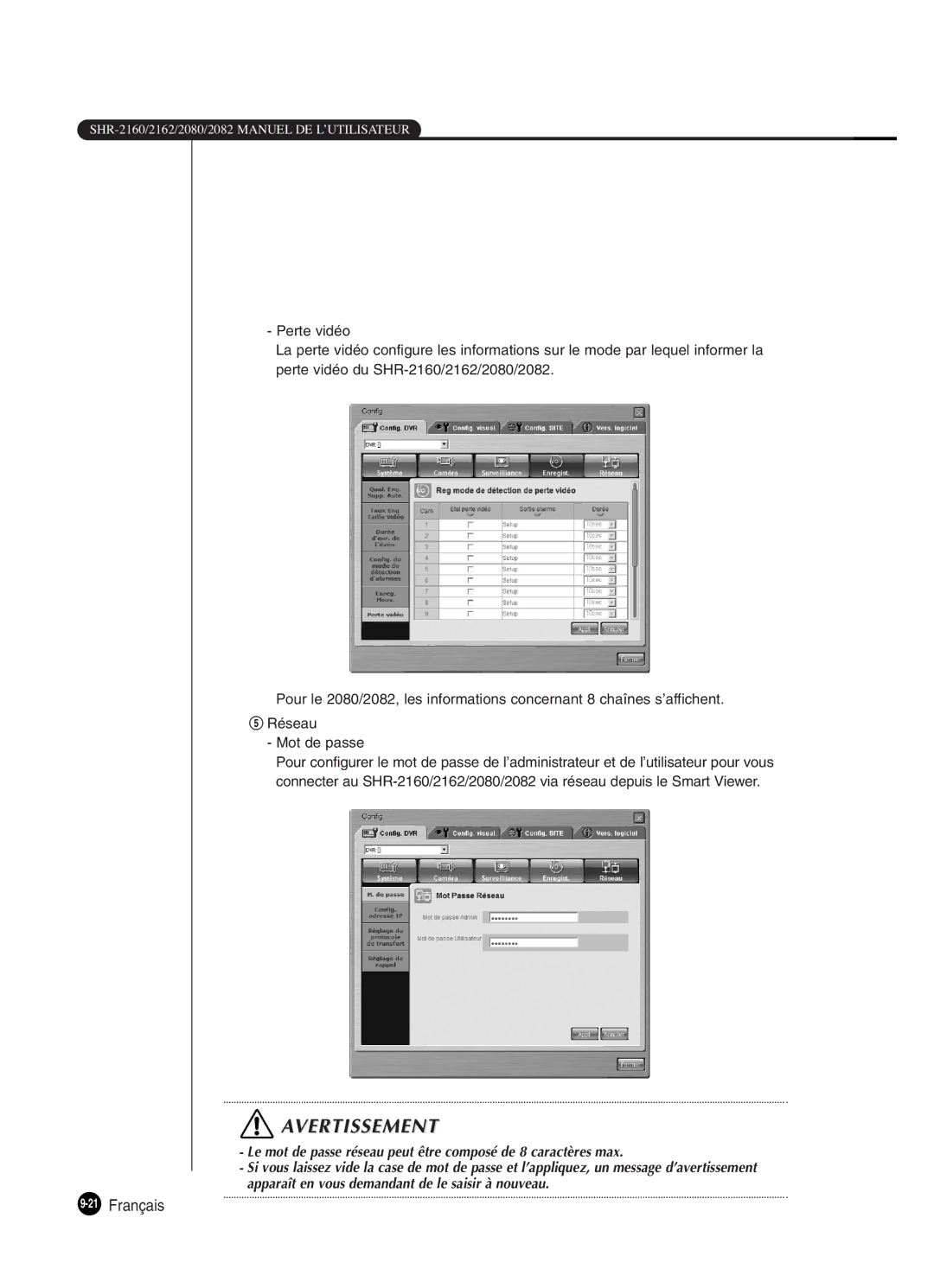 Samsung SHR-2082P250, SHR-2080P250, SHR-2160P250, SHR-2162P250 manual Avertissement 