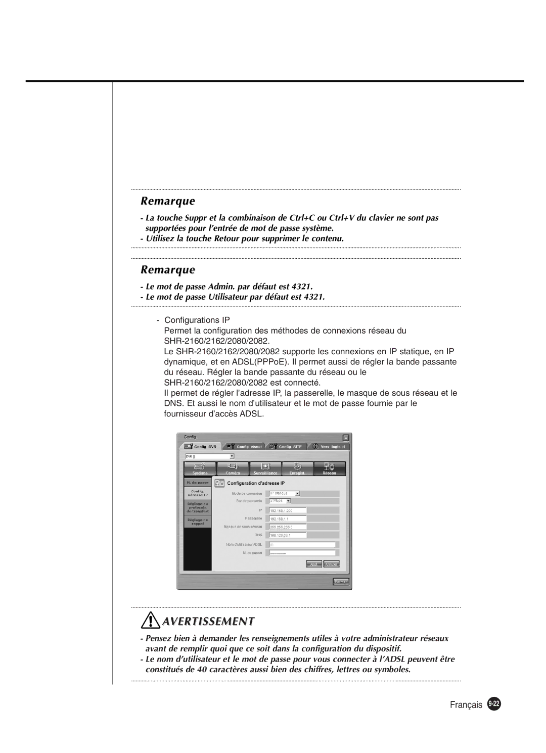 Samsung SHR-2082P250, SHR-2080P250, SHR-2160P250, SHR-2162P250 manual Avertissement 