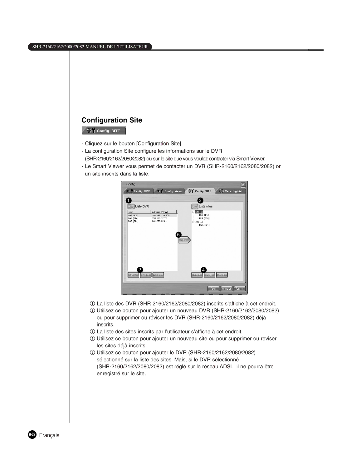 Samsung SHR-2082P250, SHR-2080P250, SHR-2160P250, SHR-2162P250 manual Cliquez sur le bouton Configuration Site 