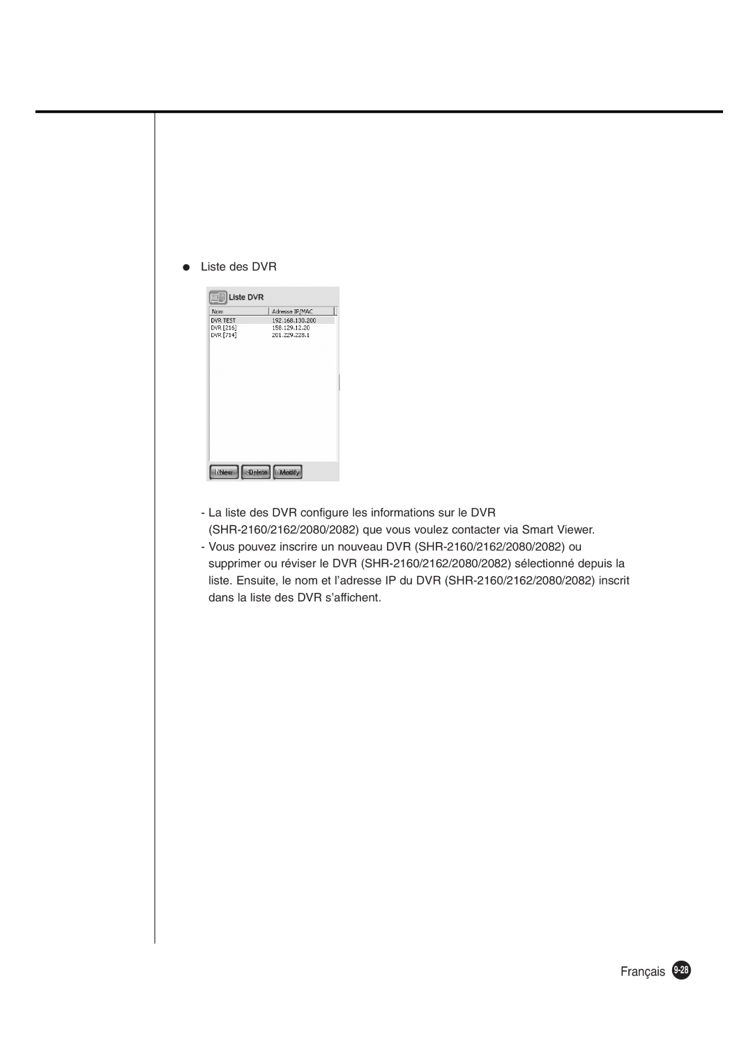 Samsung SHR-2082P250, SHR-2080P250, SHR-2160P250, SHR-2162P250 manual Liste des DVR 