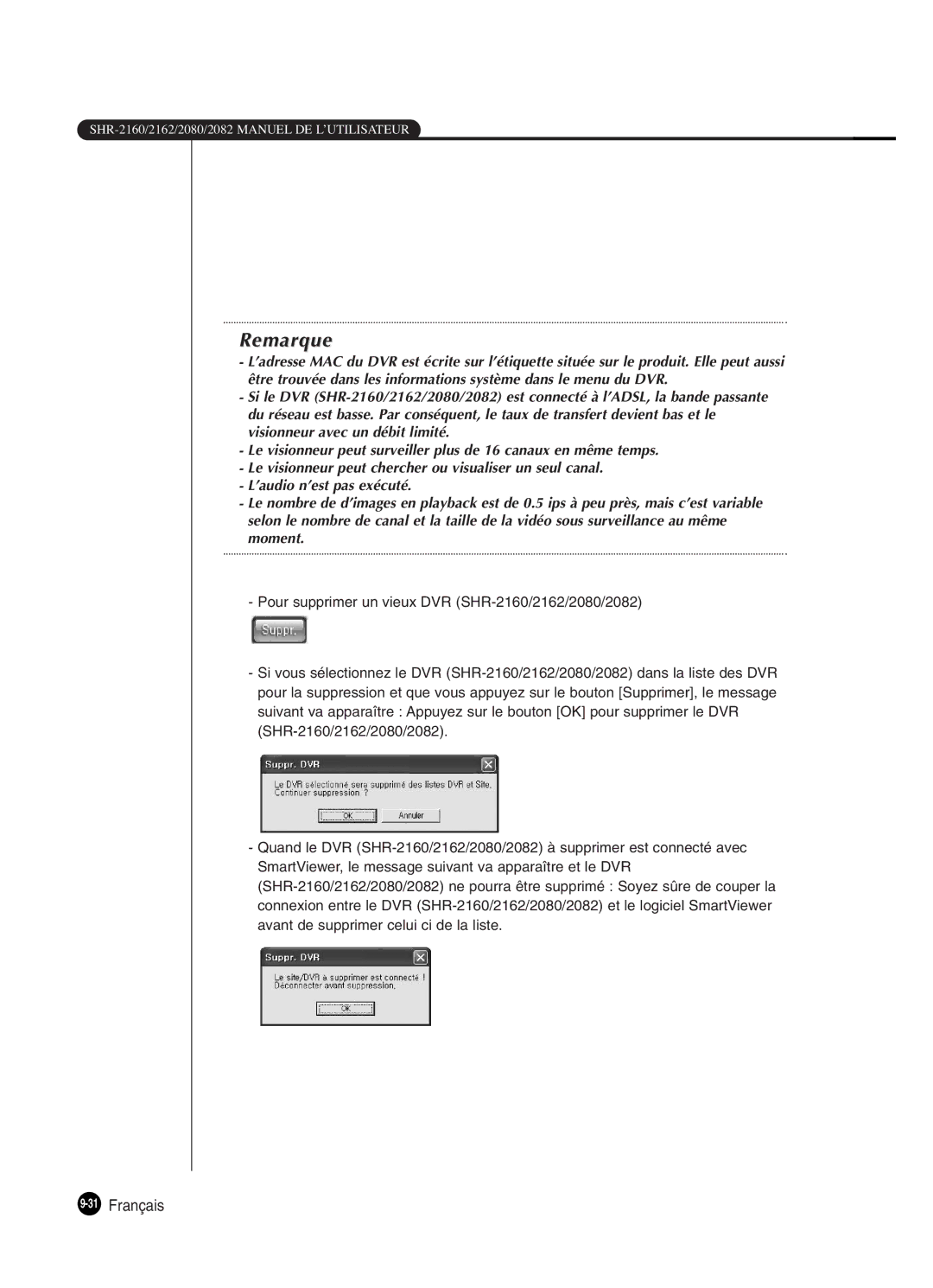 Samsung SHR-2160P250, SHR-2082P250, SHR-2080P250, SHR-2162P250 manual Remarque 