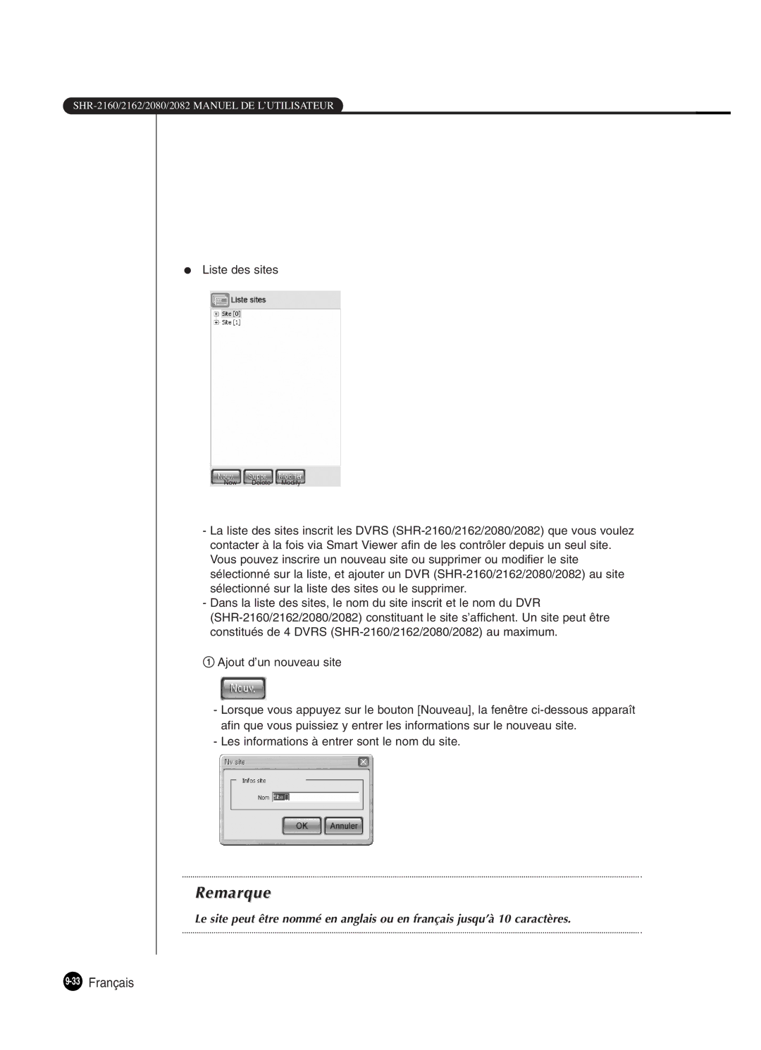 Samsung SHR-2082P250, SHR-2080P250, SHR-2160P250, SHR-2162P250 manual 33Français, Liste des sites 