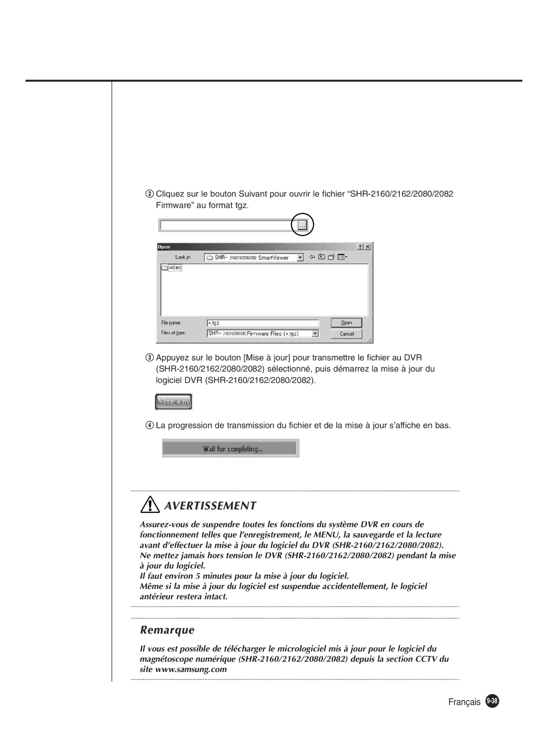 Samsung SHR-2162P250, SHR-2082P250, SHR-2080P250, SHR-2160P250 manual Avertissement 