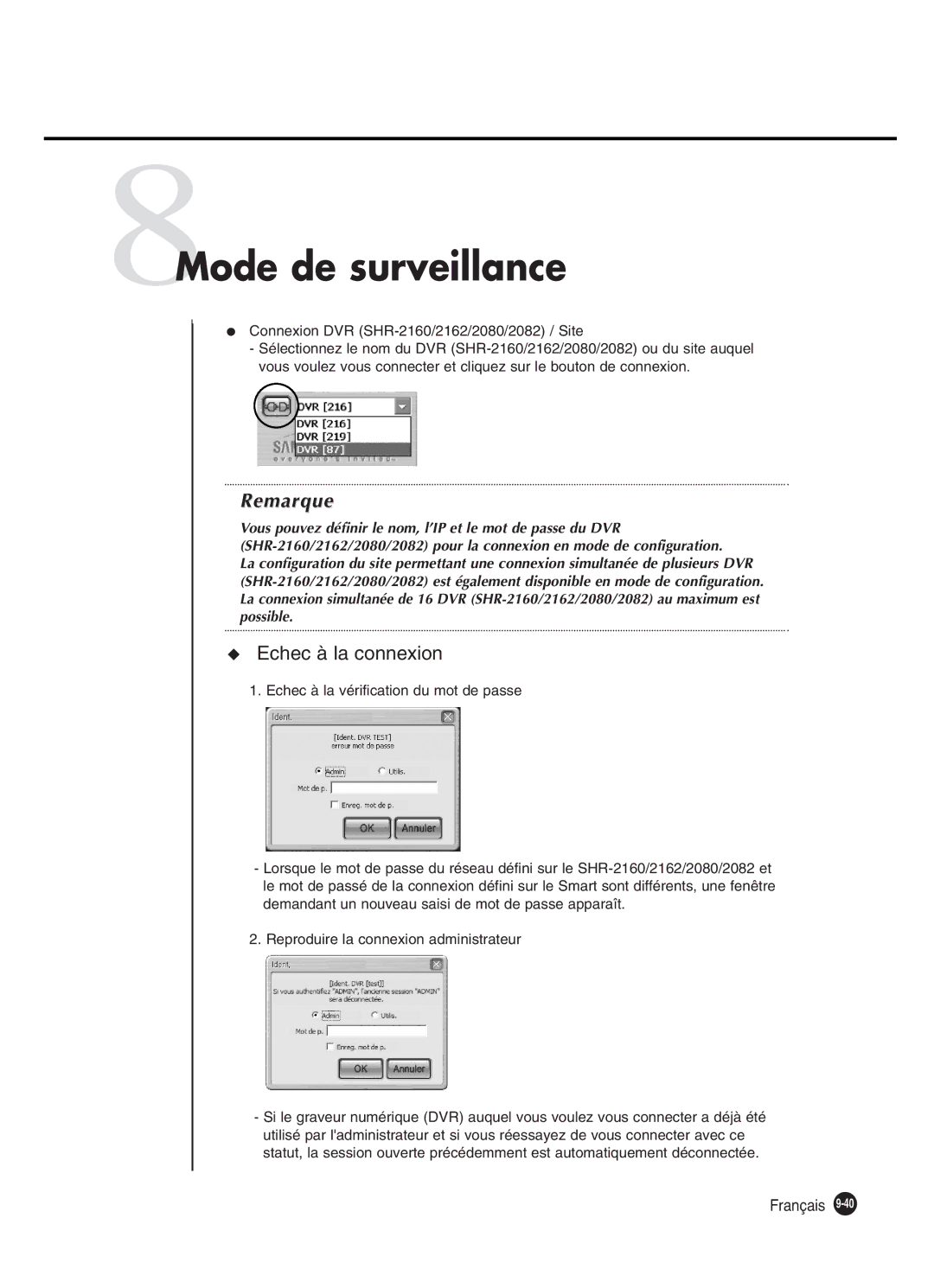 Samsung SHR-2082P250, SHR-2080P250, SHR-2160P250, SHR-2162P250 manual 8Mode de surveillance, Echec à la connexion 