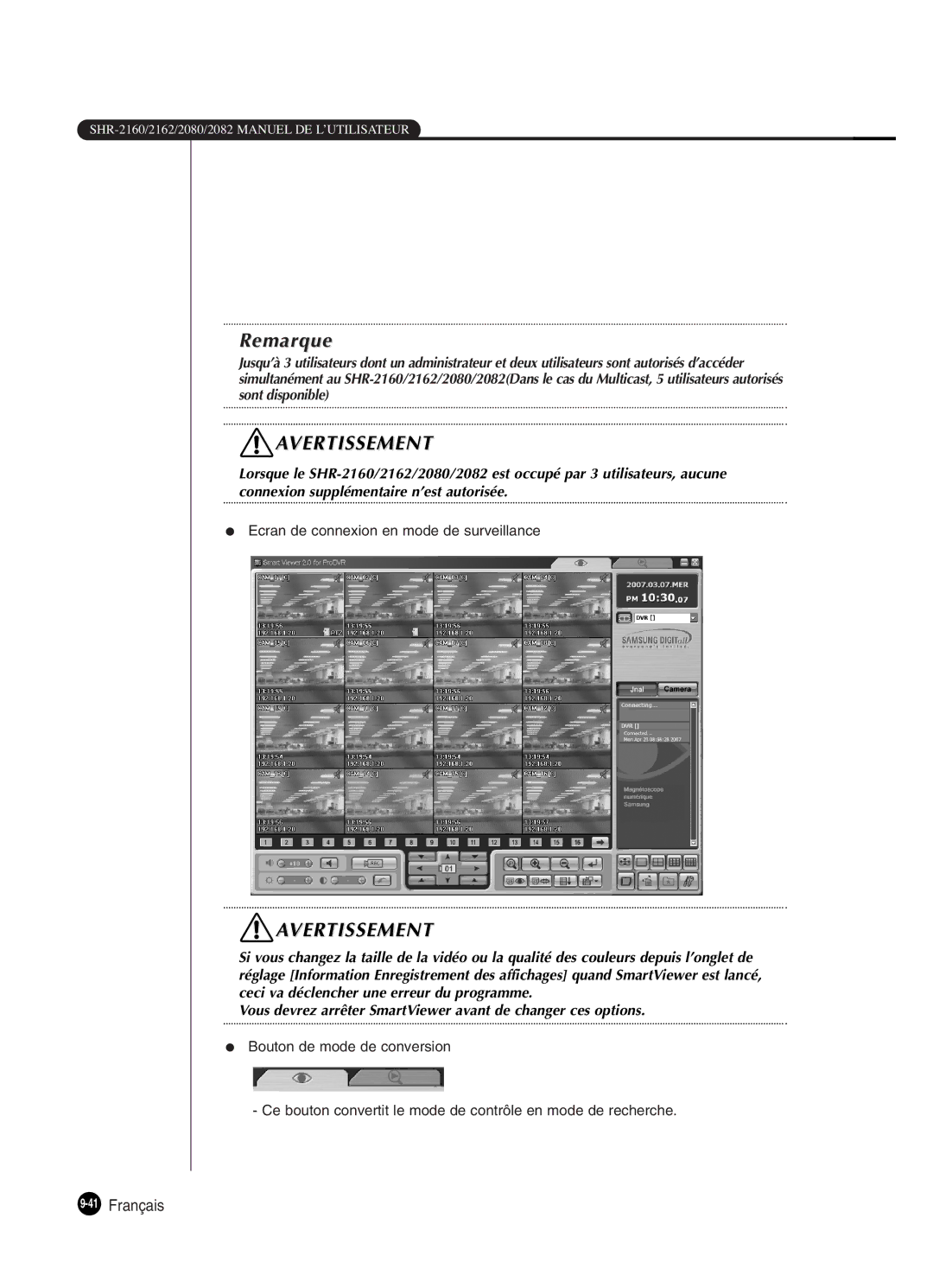 Samsung SHR-2082P250, SHR-2162P, SHR-2080P250, SHR-2160P250 manual 41Français, Ecran de connexion en mode de surveillance 