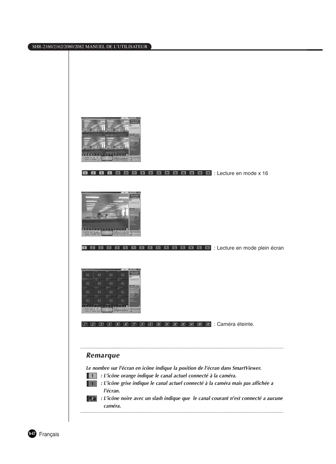 Samsung SHR-2082P250, SHR-2162P, SHR-2160P manual 47Français, Lecture en mode x Lecture en mode plein écran Caméra éteinte 