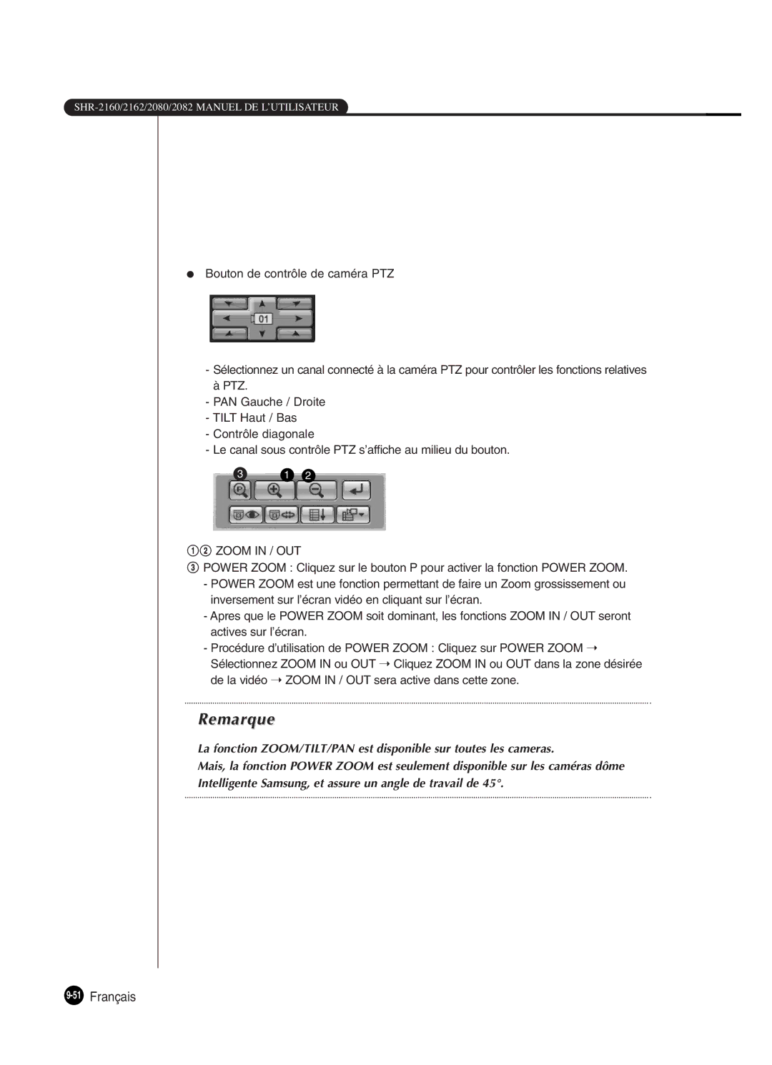 Samsung SHR-2082P250, SHR-2080P250, SHR-2160P250, SHR-2162P250 manual 51Français, @ Zoom in / OUT 