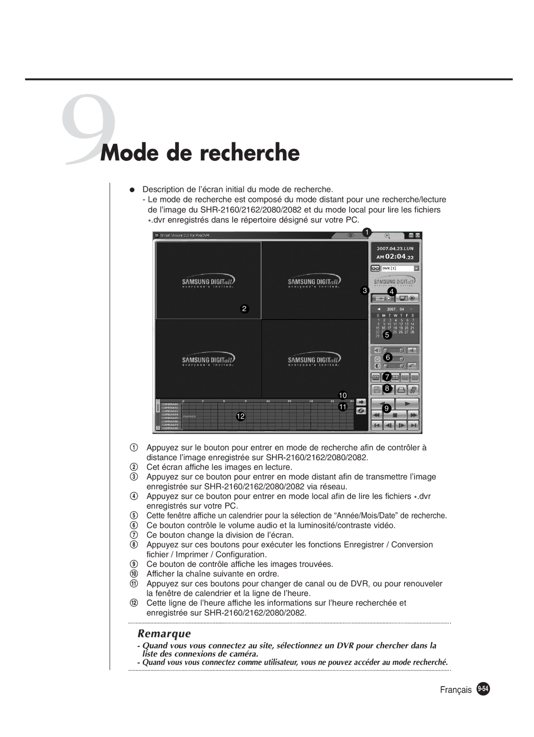 Samsung SHR-2080P250, SHR-2082P250, SHR-2160P250, SHR-2162P250 manual 9Mode de recherche 