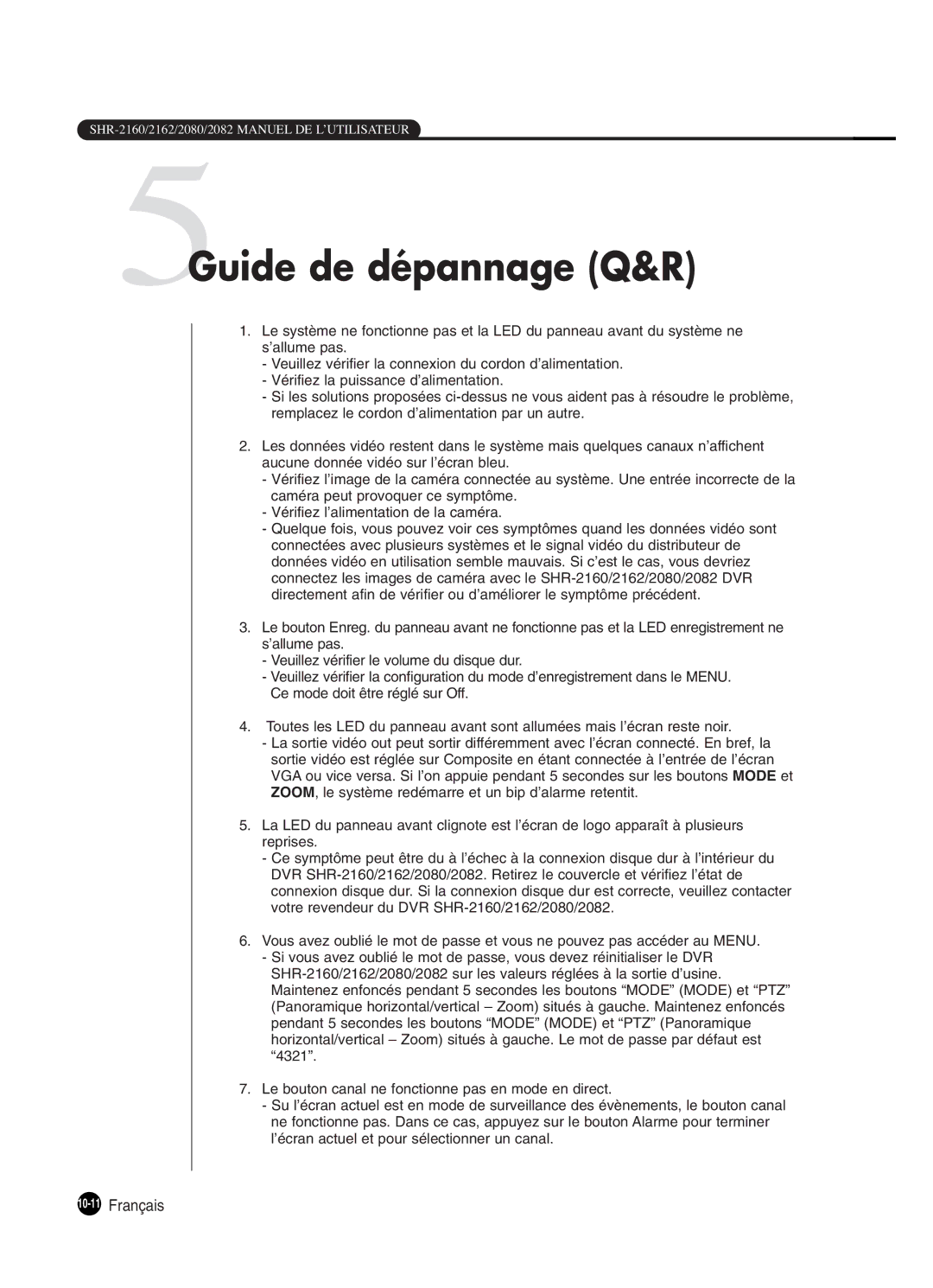 Samsung SHR-2160P250, SHR-2082P250, SHR-2080P250, SHR-2162P250 manual 5Guide de dépannage Q&R, 10-11Français 