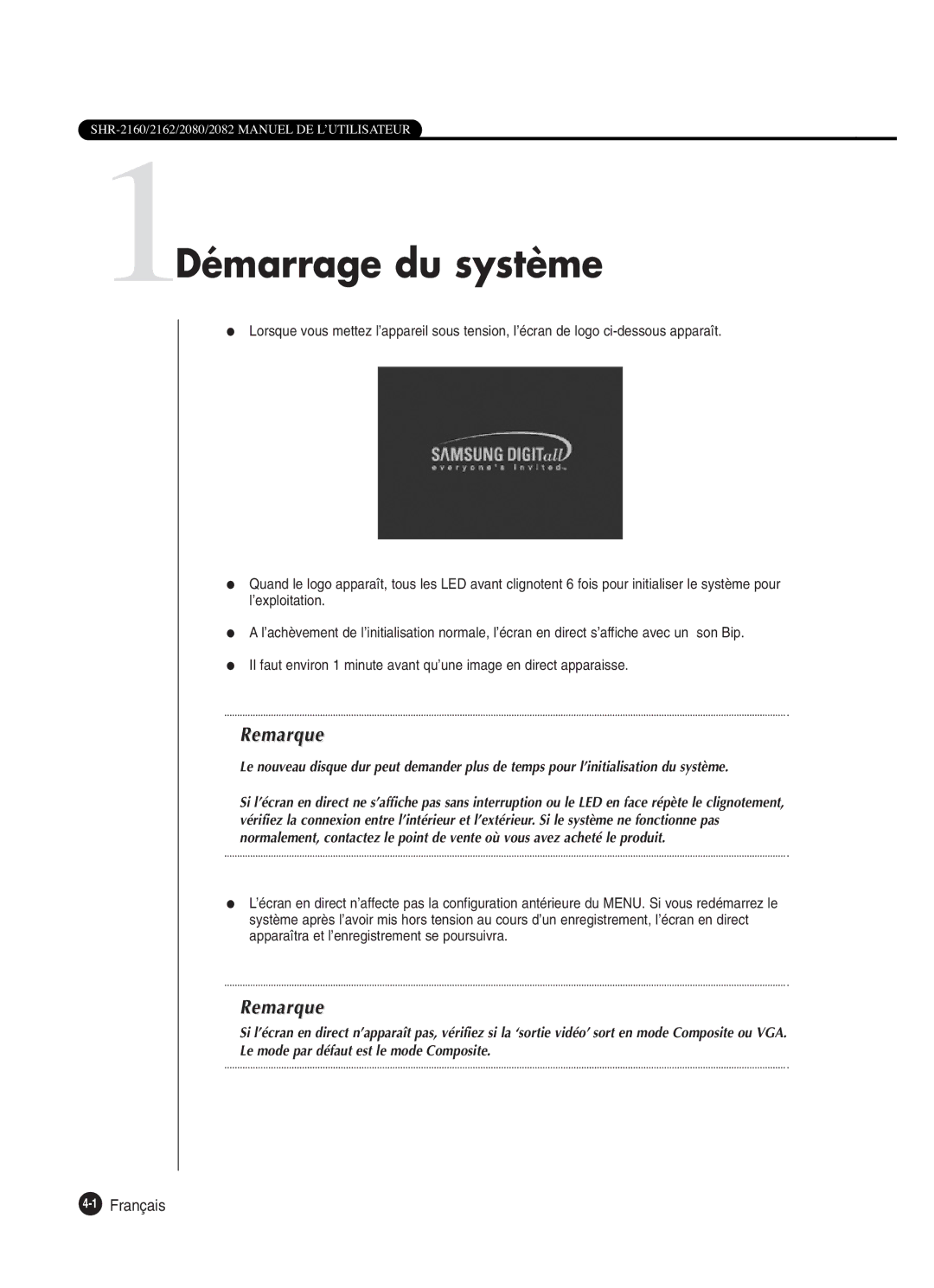 Samsung SHR-2082P250, SHR-2080P250, SHR-2160P250, SHR-2162P250 manual 1Démarrage du système, 1Français 