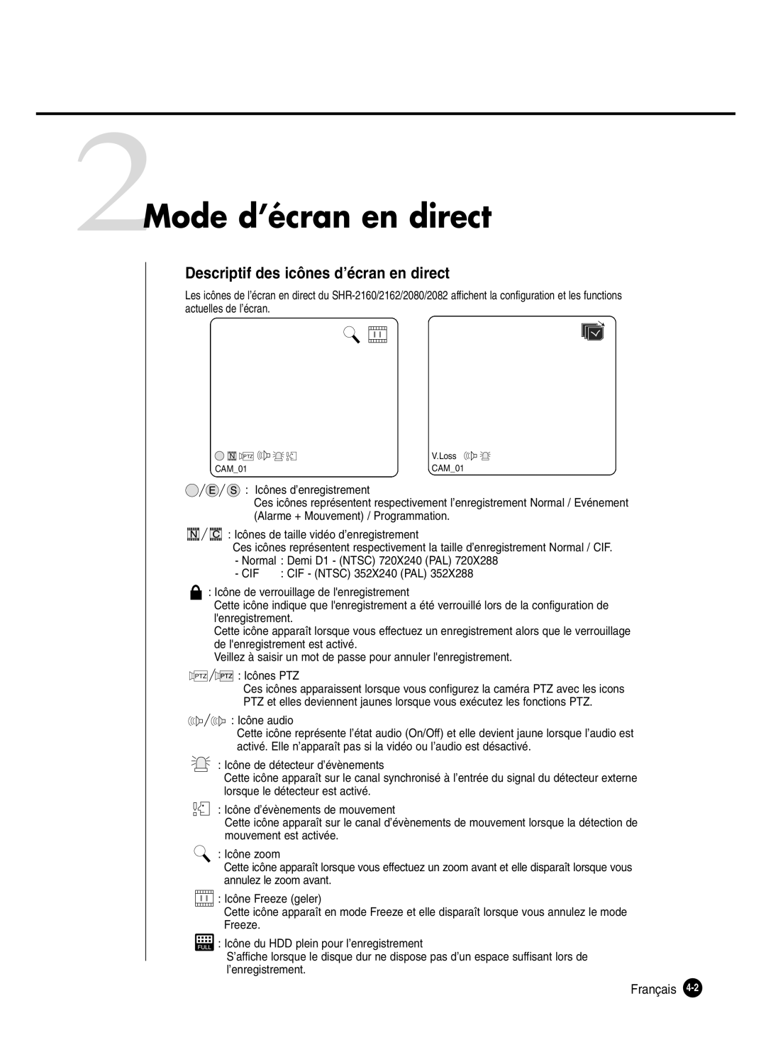 Samsung SHR-2160P, SHR-2162P, SHR-2082P250, SHR-2080P250 2Mode d’écran en direct, Descriptif des icônes d’écran en direct 