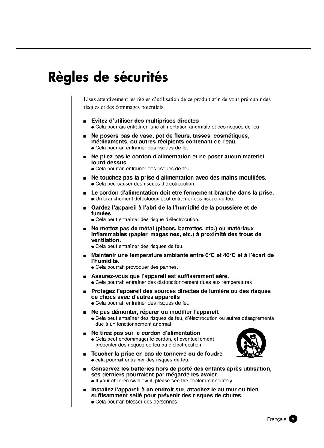 Samsung SHR-2162P250, SHR-2082P250, SHR-2080P250, SHR-2160P250 manual Règles de sécurités 