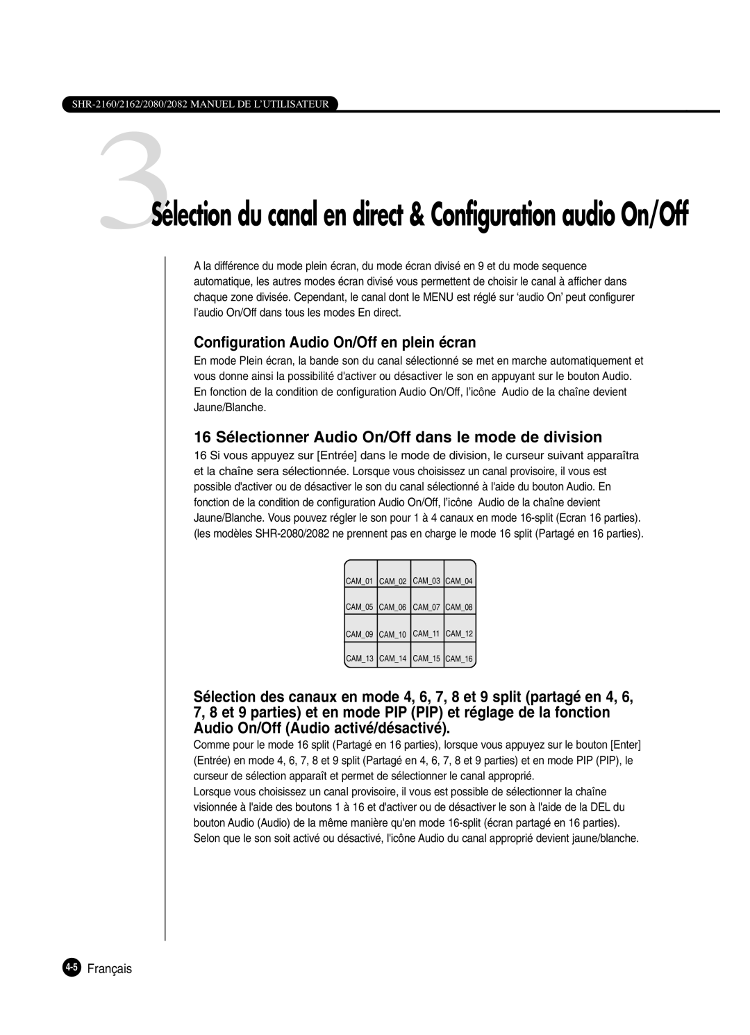 Samsung SHR-2160P250 Configuration Audio On/Off en plein écran, 16 Sélectionner Audio On/Off dans le mode de division 