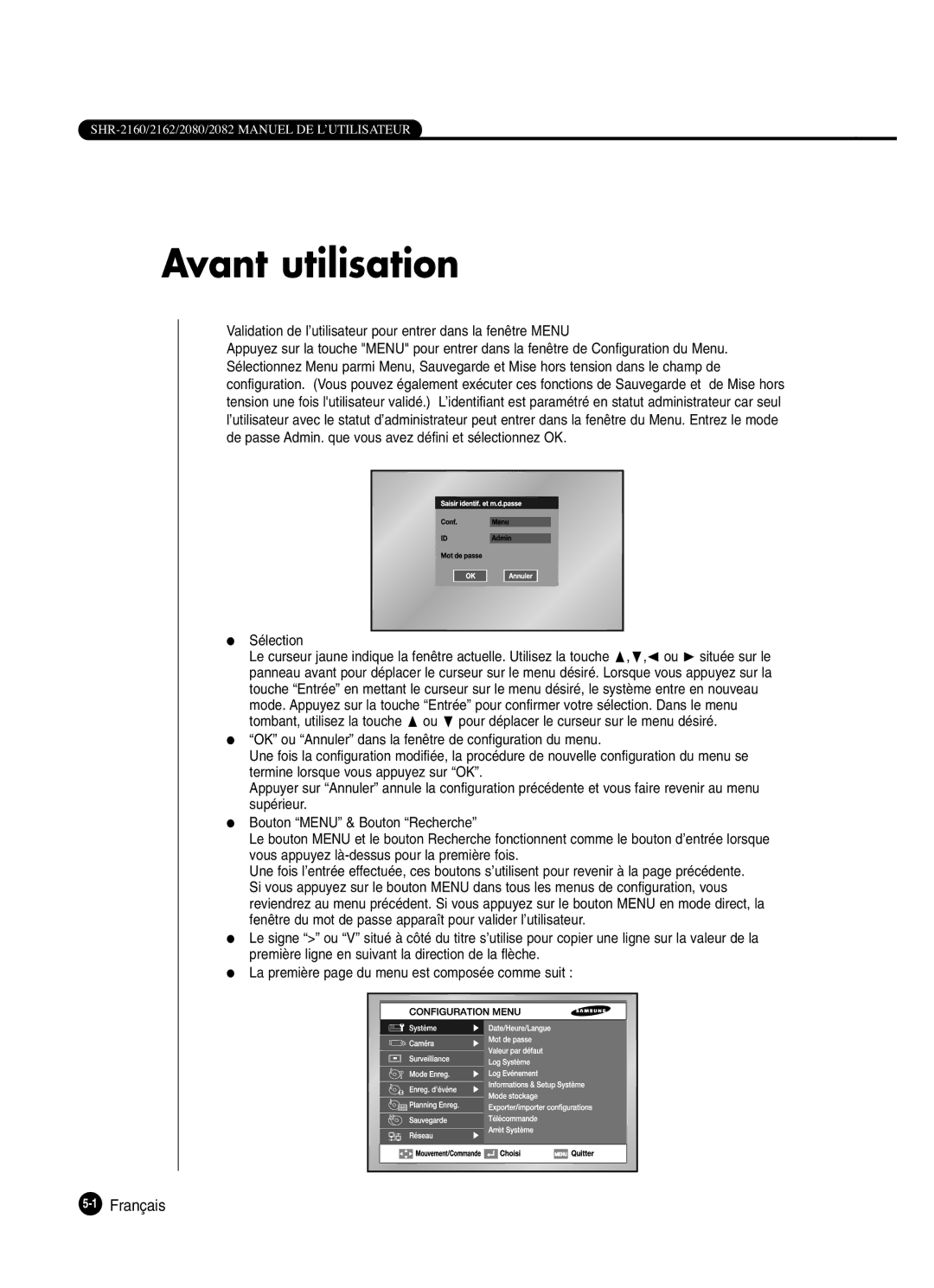 Samsung SHR-2160P250, SHR-2082P250, SHR-2080P250, SHR-2162P250 manual Avant utilisation, Sélection 