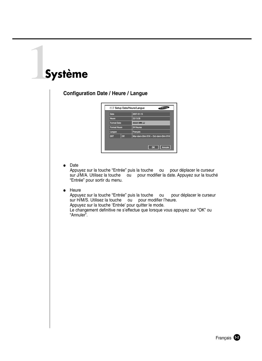 Samsung SHR-2162P250, SHR-2082P250, SHR-2080P250, SHR-2160P250 manual 1Système, Configuration Date / Heure / Langue 